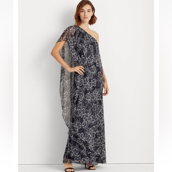 NWT Lauren Ralph Lauren Floral Georgette One Shoulder Dress Sz 10 Navy White - Picture 1 of 17